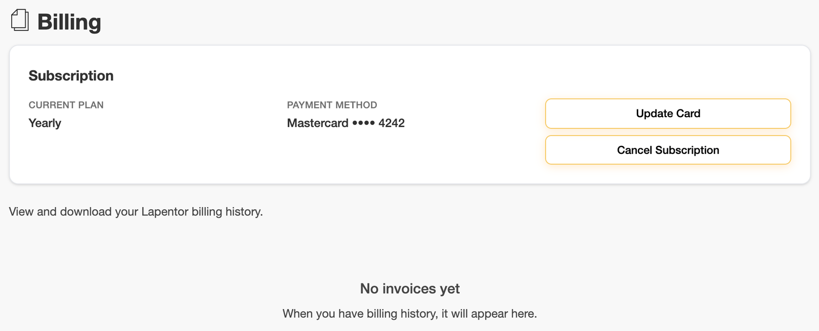 The Billing page showing the current plan, payment method, Update Card and Cancel Subscription buttons, and billing history