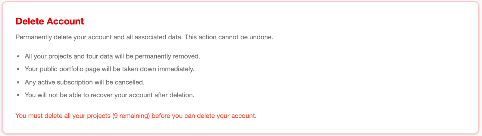 The Delete Account section