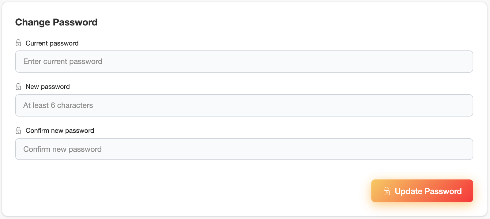 The Change Password form with current, new, and confirm password fields