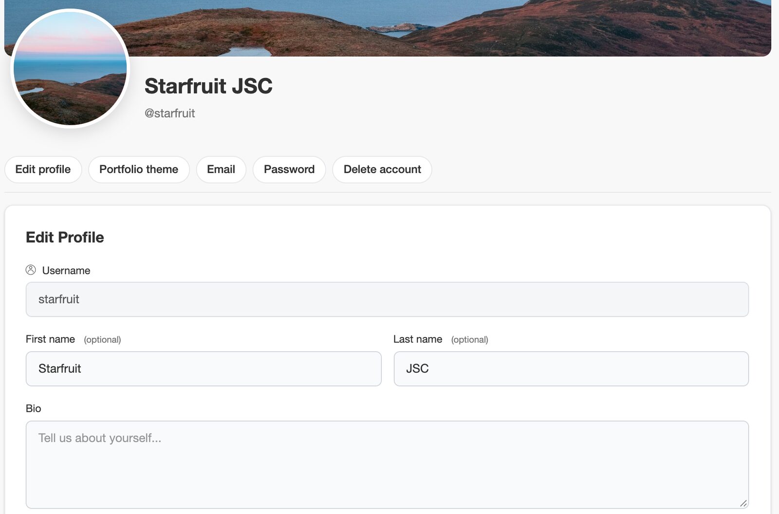 The Profile page with the avatar, section buttons, and the Edit Profile form