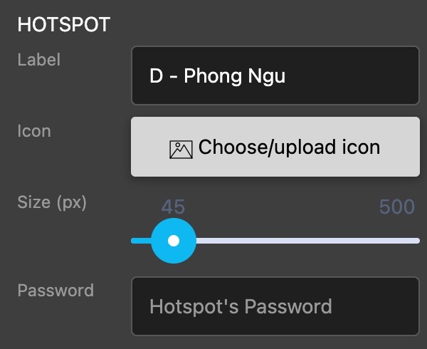 Shared hotspot settings: Label, Icon, Size, and Password