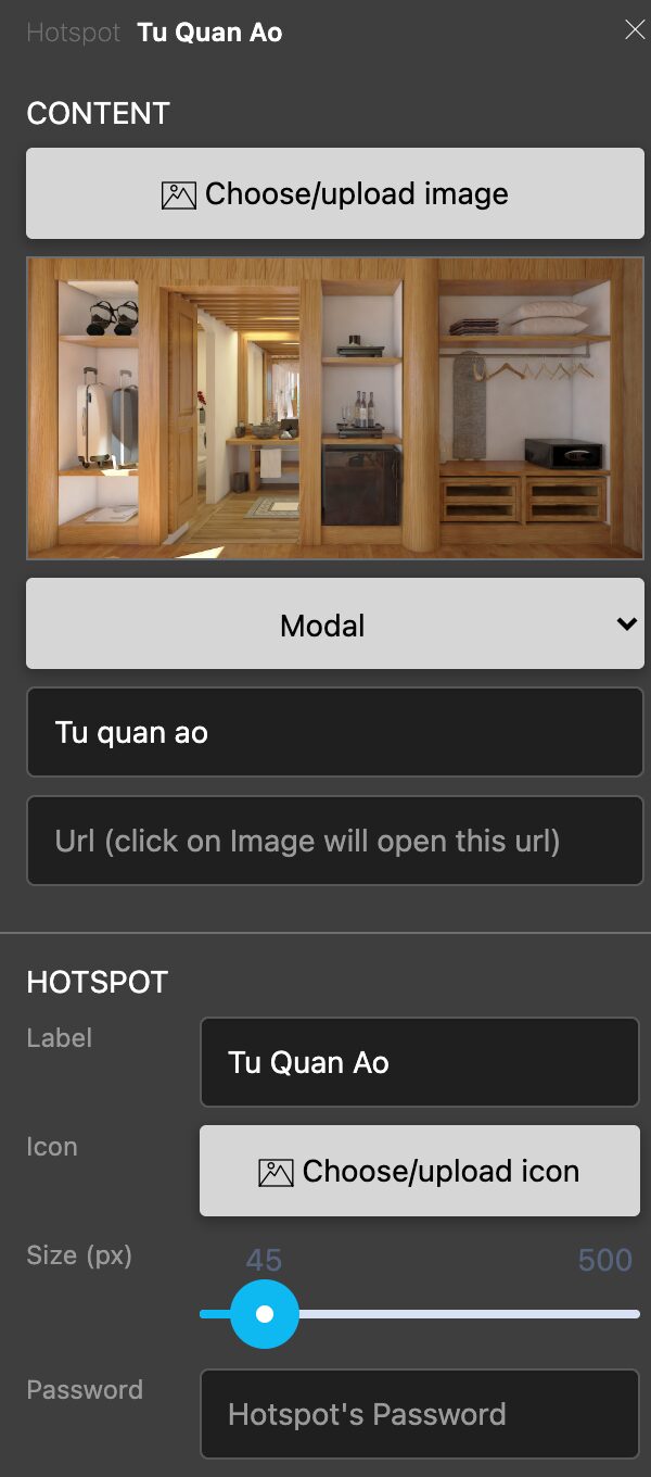 The Image hotspot panel with the chosen image, popup style, caption, and click-through URL fields