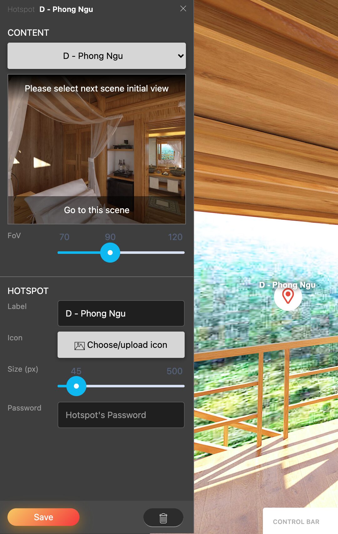 The Point hotspot panel with a destination scene picker, a live preview to set the arrival view, a FoV slider, and label, icon, size, and password fields
