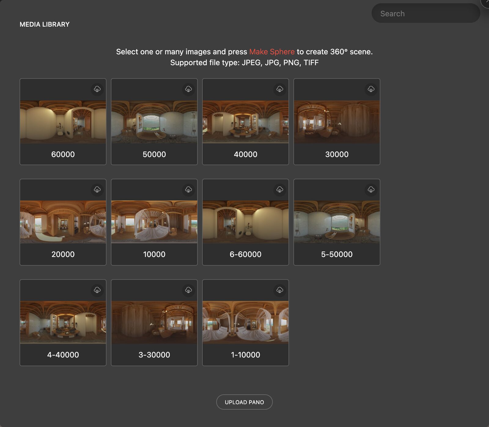 The Media Library showing uploaded panoramas, a search box, and an Upload Pano button