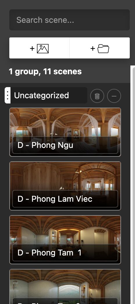 The scenes list panel with a search box, add-scene and add-group buttons, the group count, and scene cards