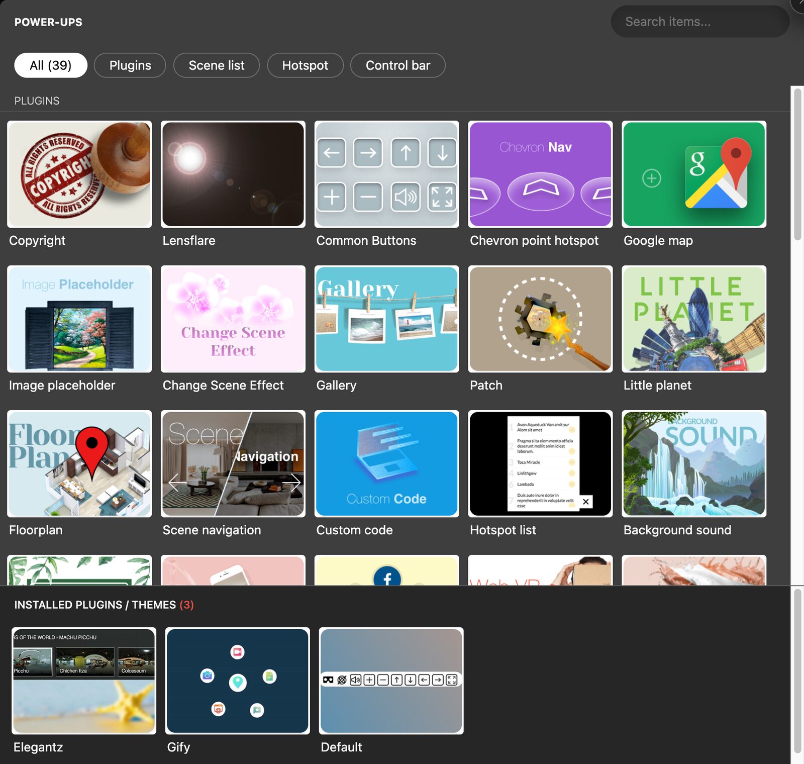 The Power-ups Marketplace with category tabs, a search box, the plugin catalog, and installed plugins and themes at the bottom