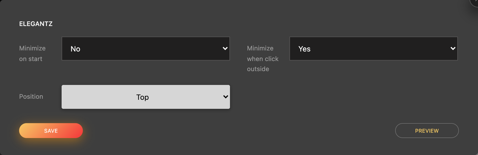 An installed theme settings page with options, a Save button, and a Preview button