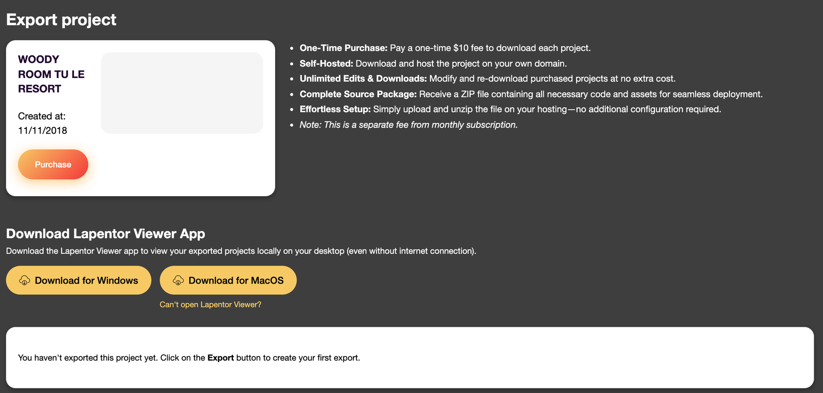 The Export project page with the Purchase button, feature list, Lapentor Viewer app downloads, and export history
