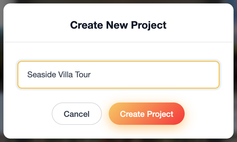 The Create New Project dialog with a project title field and Cancel and Create Project buttons