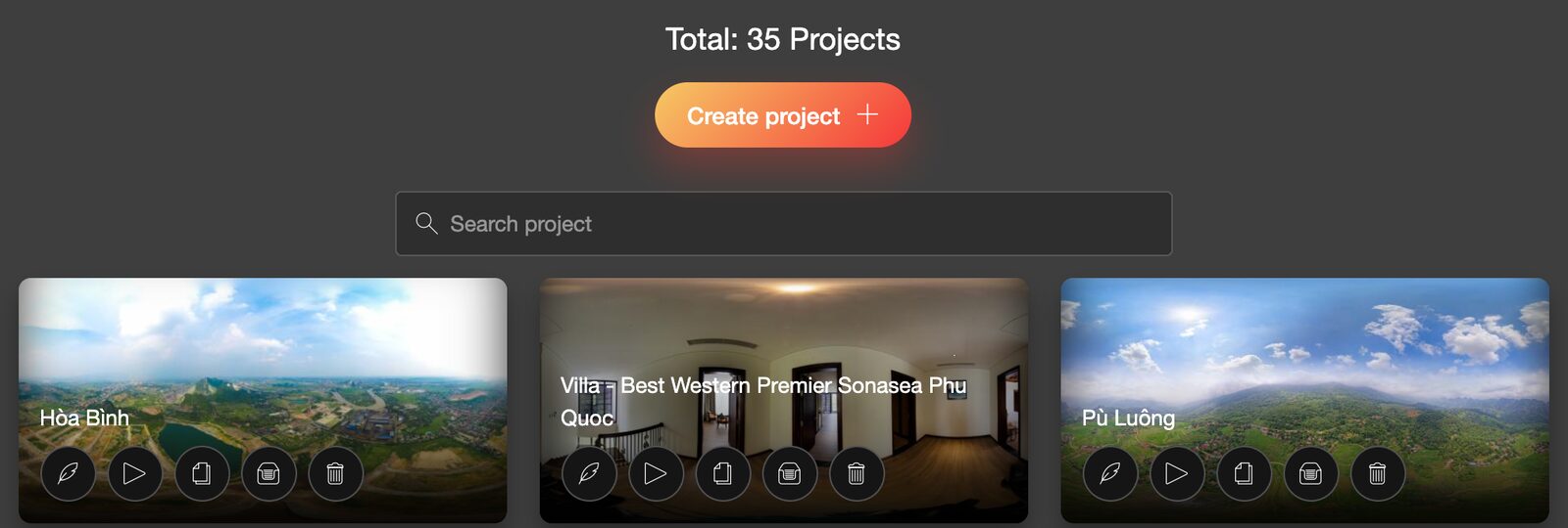 The Dashboard showing the total project count, the Create project button, a search box, and project cards