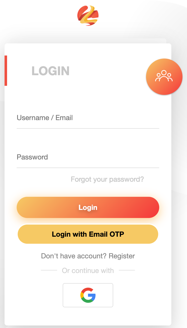 The Lapentor login screen with username/email and password fields, a Login with Email OTP button, a Register link, and Google sign-in