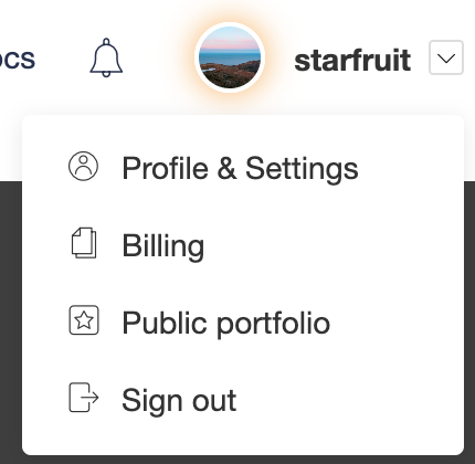 The user menu with Profile & Settings, Billing, Public portfolio, and Sign out