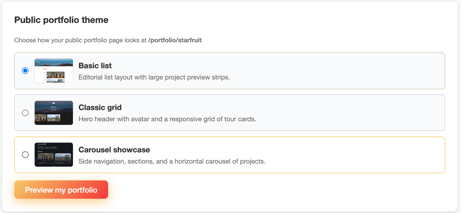 Public portfolio theme options: Basic list, Classic grid, and Carousel showcase