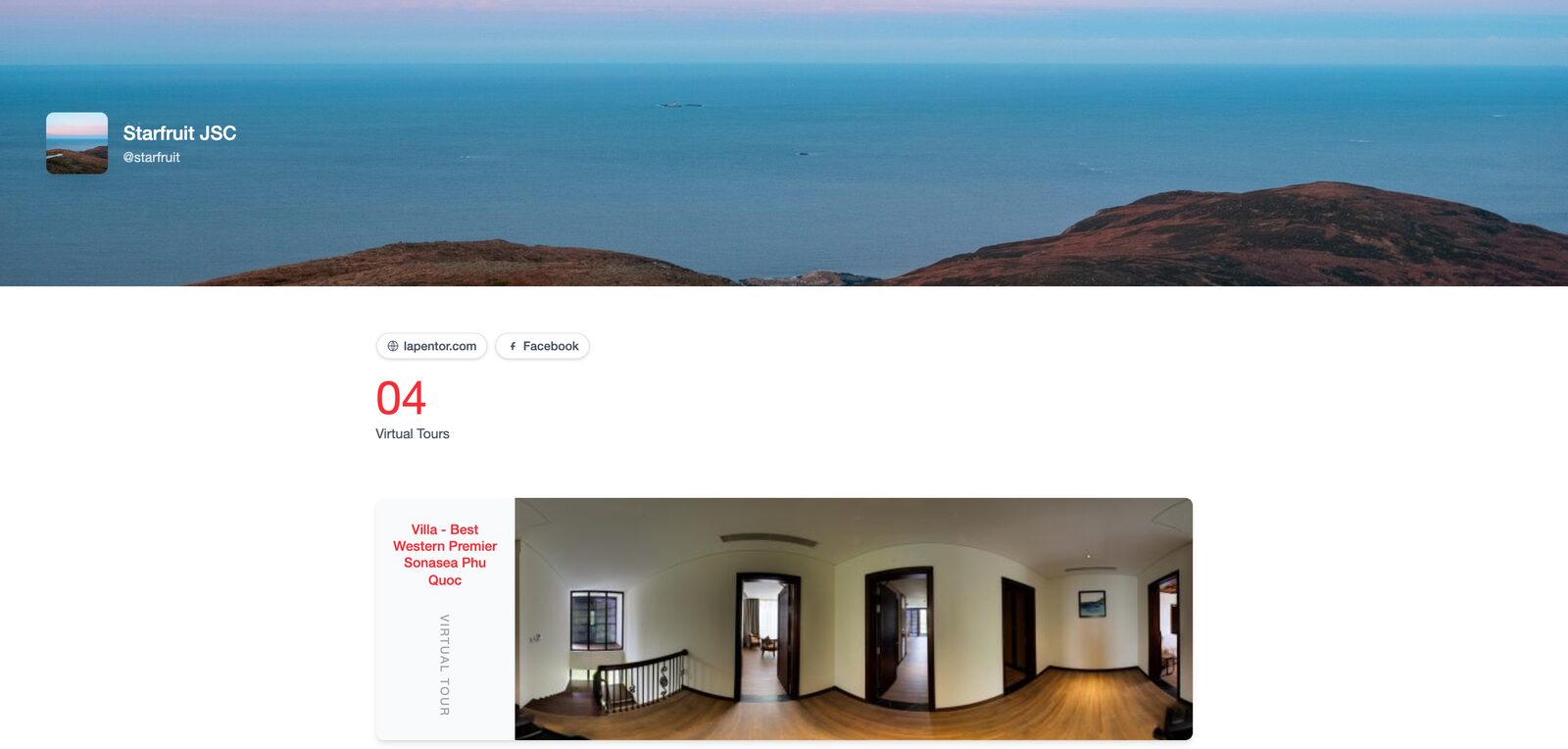 A public portfolio page with a cover photo, profile name, links, tour count, and project previews