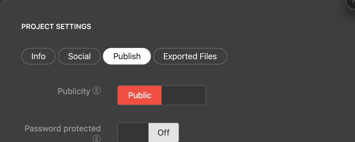 The Publish tab with the Publicity and Password protected toggles