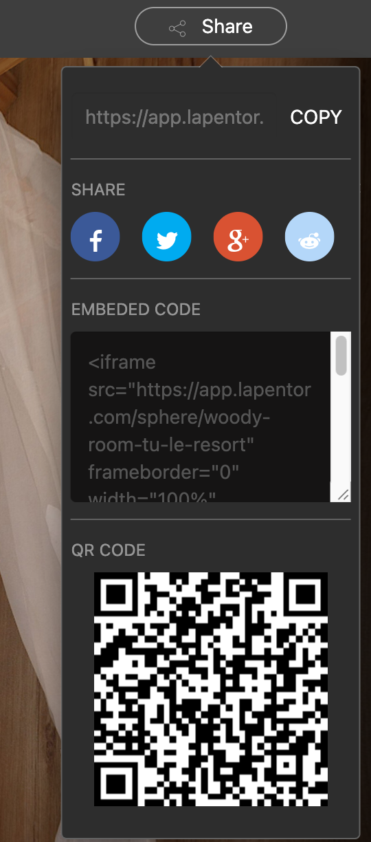 The Share panel with the tour link and Copy button, social share buttons, embed code, and QR code